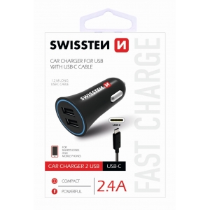 Swissten Премиум Автомобильная зарядка 12 / 24V / 1A+ 2.1A + кабель USB-C 100 cm Черная