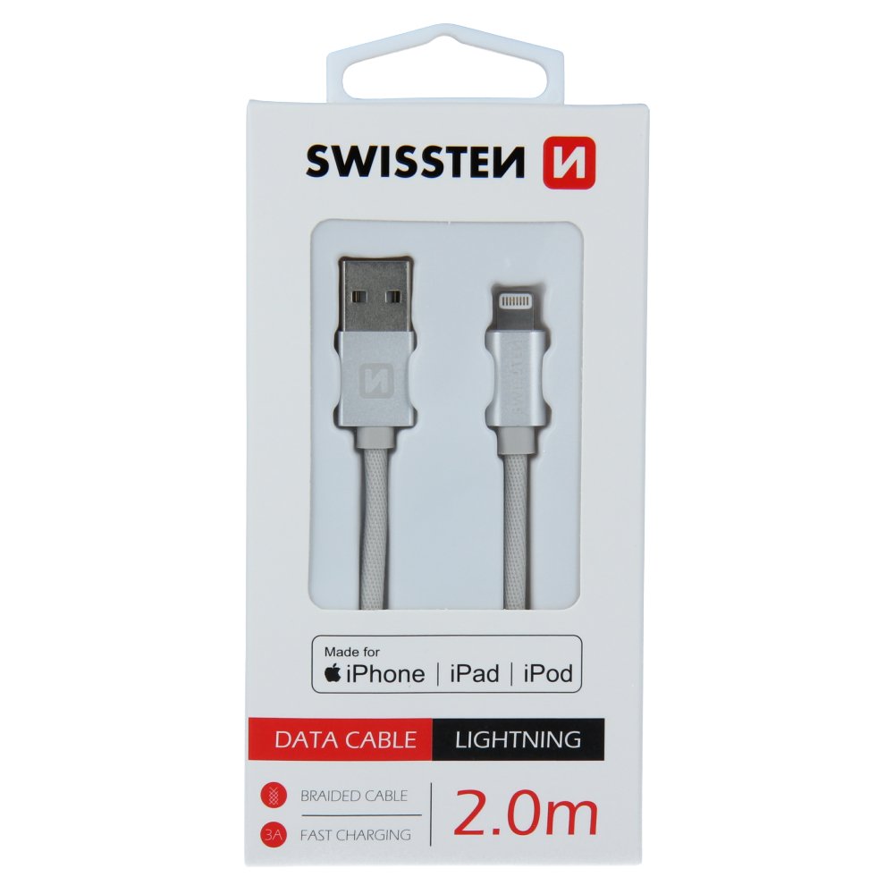 Swissten (MFI) Textile Fast Charge 3A Lightning (MD818ZM/A) Data and Charging Cable 2.0m Silver