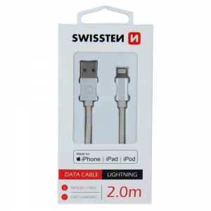 Swissten (MFI) Textile Fast Charge 3A Lightning (MD818ZM/A) Data and Charging Cable 2.0m Silver