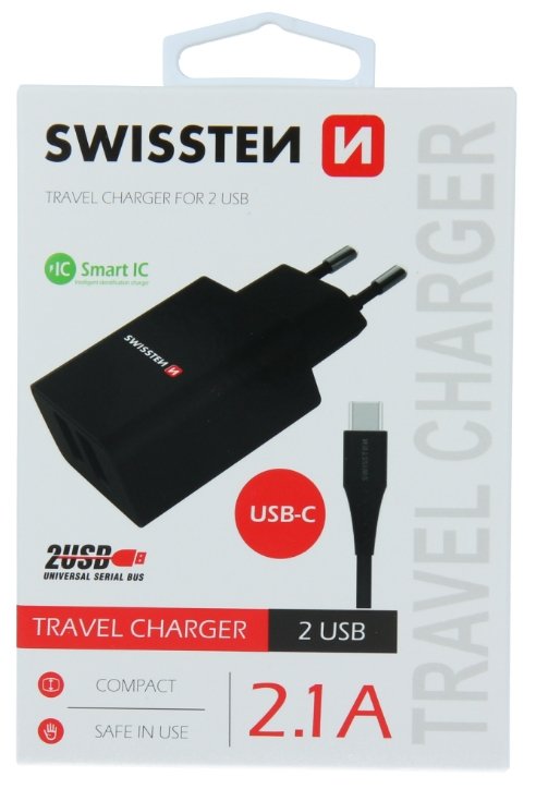 Swissten Smart IC Travel Charger 2x USB 2.1А with USB-C Cable 1.2 m Black