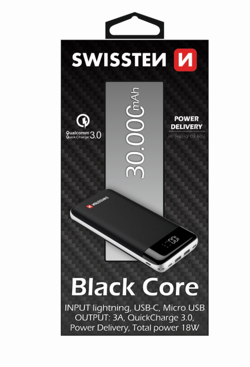 Swissten Black Core Premium Recovery Power Bank 2.1A / USB / USB-C / 30000 mAh Черный