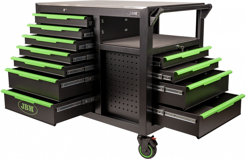 7+4 SAHTLIGA TÖÖLAUD / TÖÖRIISTAKÄRU (KÜLJE- JA OTSSAHTLID) INOX TÖÖTASAPIND JBM*