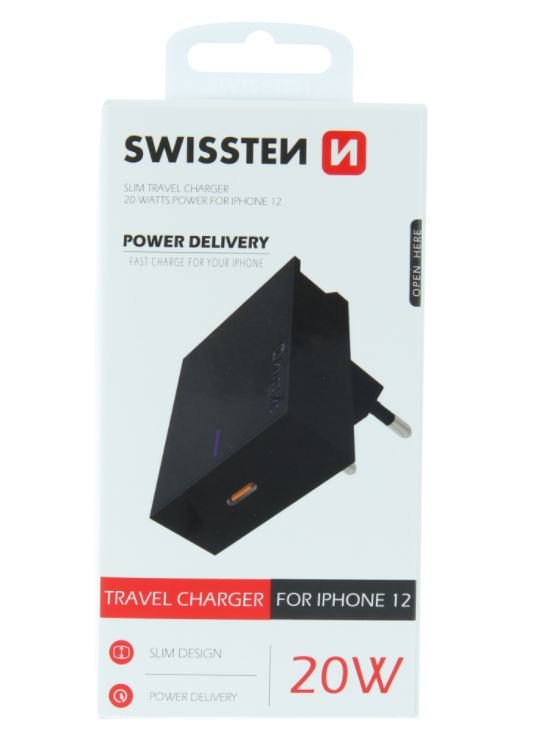 Swissten Premium 20W Mains Charger for all iPhone 12 Series Models Black