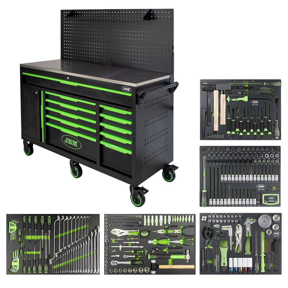 332-OS. TÖÖRIISTAKÄRU / TÖÖLAUD TÖÖRIISTADEGA. PERFOSEINAGA. INOX LAUAGA JBM