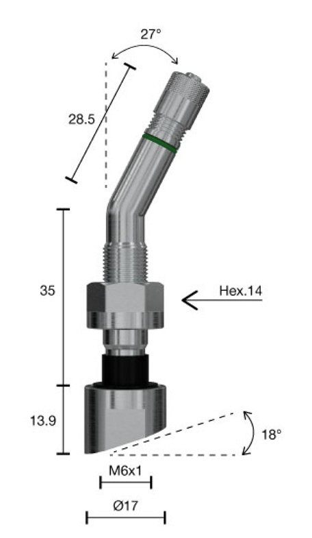 TPMS VENTIIL WONDER 1310.2 / 27 VEOAUTO VALUVELJELE 9.7MM. L=77MM (13.9+35+28.5 / NURK 27) TALD 18