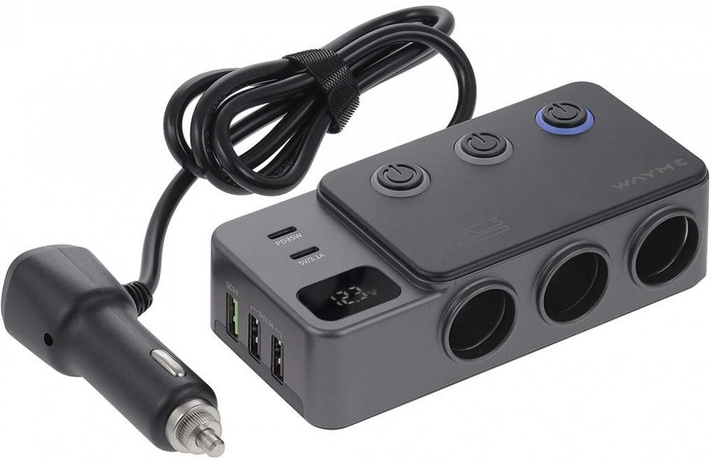 SIGARETISÜÜTAJA HARGMIK 3-NE + 3XUSB 3.6A 2XUSB-C 12 / 24V MAX 35W+VOLTMEETER KAABEL 80CM WAYME