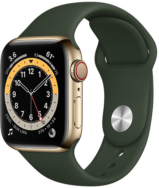 Apple Watch 6 GPS + Cellular 40mm Stainless Steel Sport Band, gold/cyprus green (M06V3EL/A)