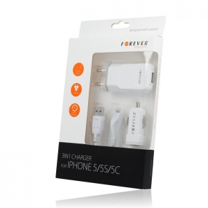 Forever 3 in 1 Charger Set / Car Charger / Travel Adapter / Lightning Cable / 1A White