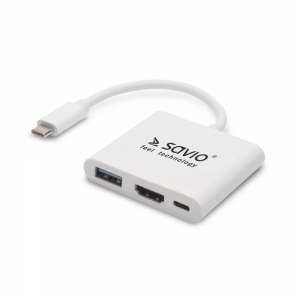 Savio Multimedia Adapter Type-C to HDMI (4K @ 30Hz, 1080P @ 60Hz) + USB 3.0 White