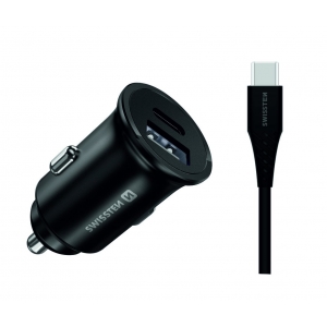 Swissten 35W Металлический адаптер для автомобильного зарядного устройства с 25W Samsung SFC + 10W USB / Черный