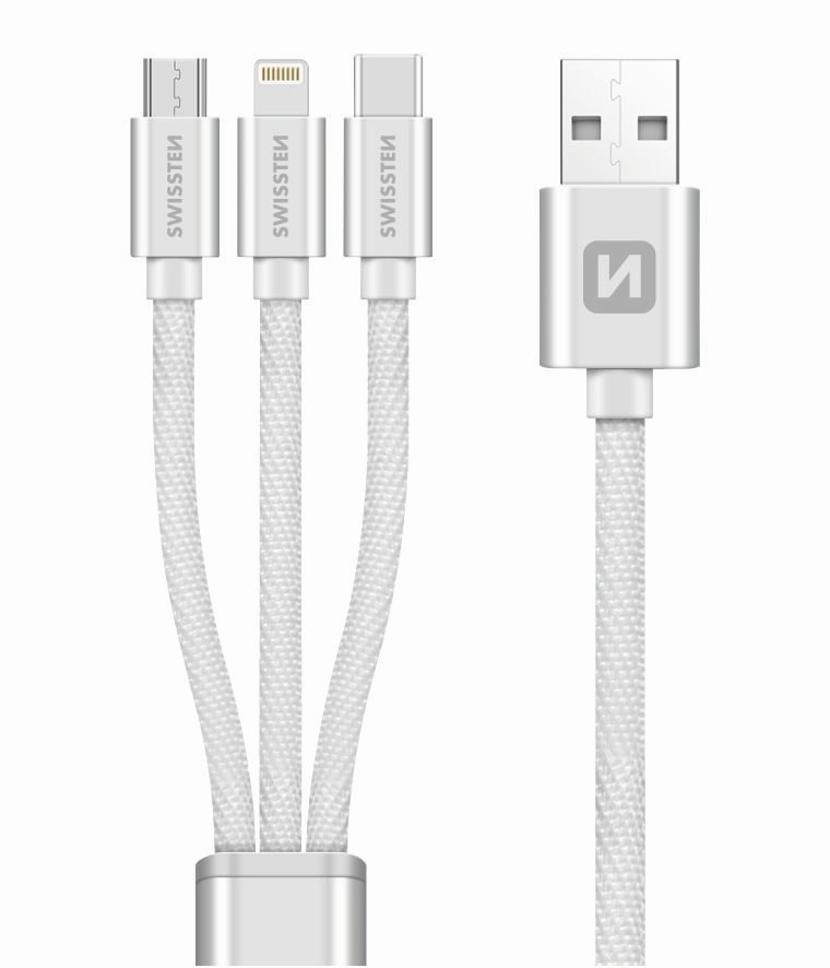 Swissten Textile Universal 3in1 USB-C / Lightning Data MFI / MircoUSB-кабель 1,2 м, Серебряный