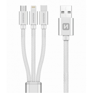 Swissten Textile Universal 3in1 USB-C / Lightning Data MFI / MircoUSB Cable 1.2m Silver
