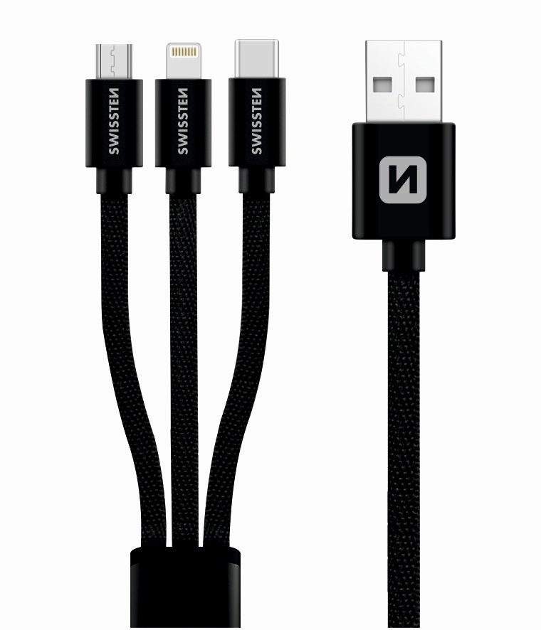 Swissten Textile Universal 3in1 USB-C / Lightning Data MFI / MircoUSB Cable 1.2m Black