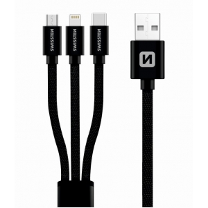 Swissten Textile Universal 3in1 USB-C / Lightning Data MFI / MircoUSB Cable 1.2m Black