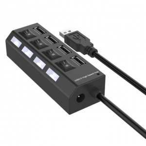 RoGer USB Hub - Splitter 4 x USB 2.0 with Separate On / Off Buttons Black