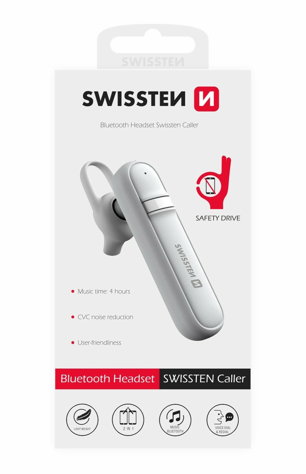 Swissten Caller Bluetooth 5.0 HandsFree Headset with MultiPoint / CVC noise reduction White