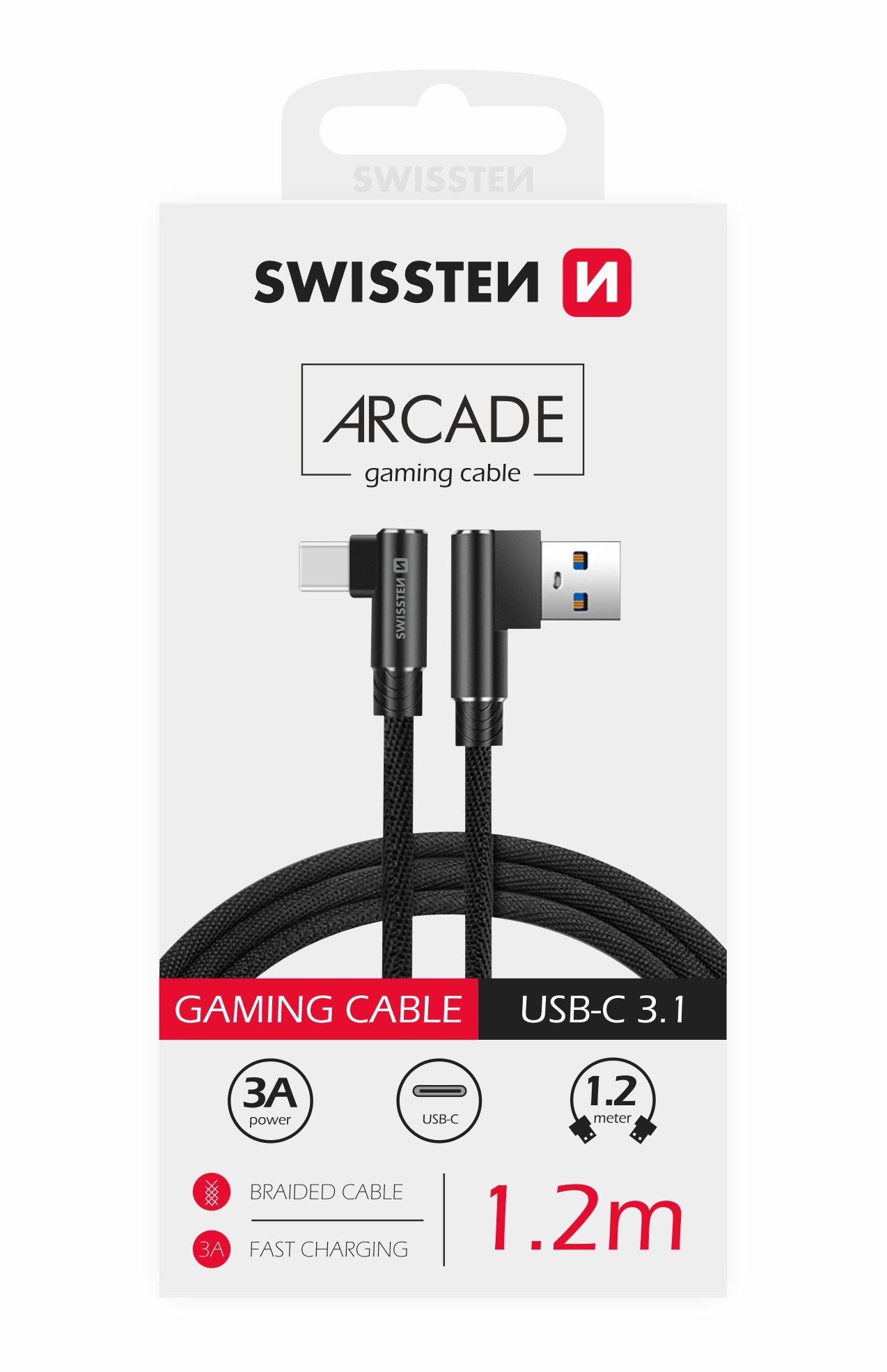 Swissten Плетеный L Типа Универсальный Quick Charge 3.1 USB на USB-C Кабель данных 1.2 m черный