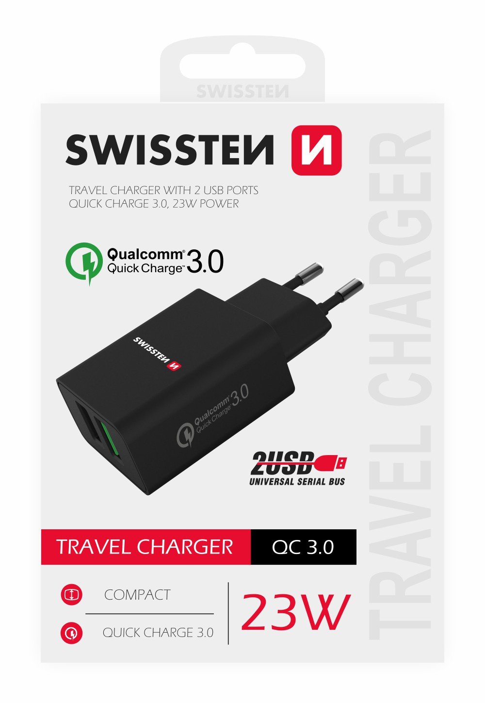 Swissten Premium Travel Charger 2x USB / QC3.0 23W Black