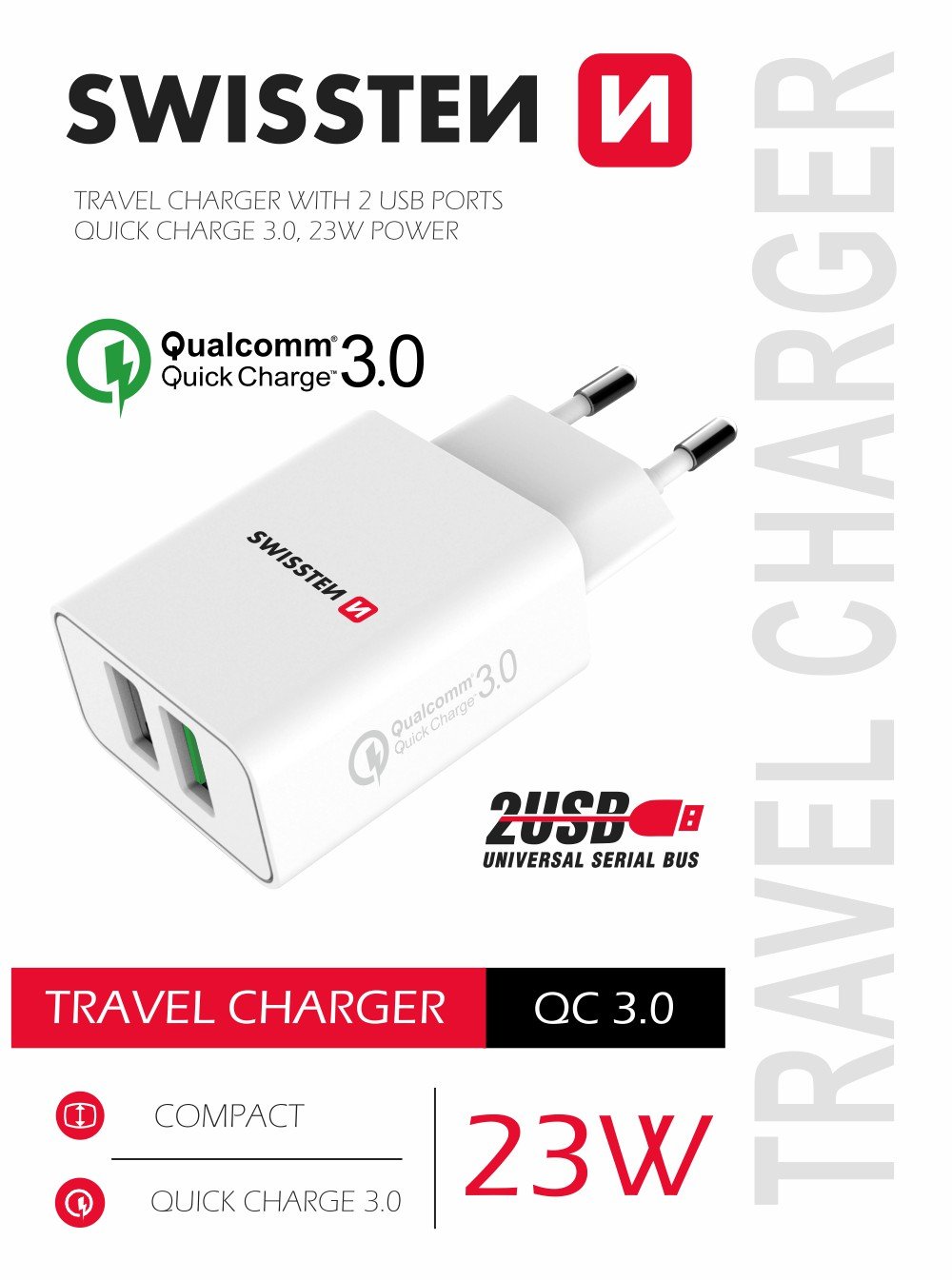 Swissten Premium Travel Charger 2x USB / QC3.0 23W White