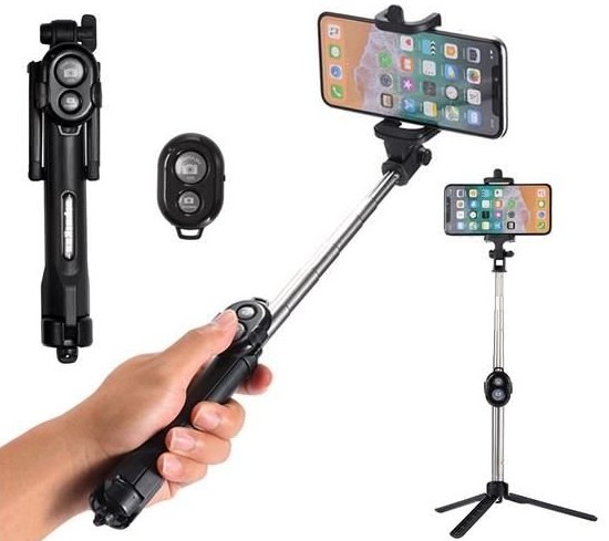 RoGer Selfie Stick + Tripod Stand with Bluetooth Remote Control Black