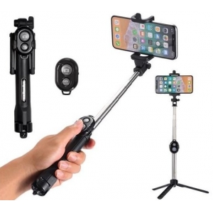 RoGer Selfie Stick + Tripod Stand with Bluetooth Remote Control Black