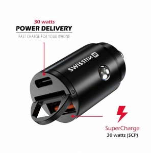 Swissten 30W Nano Metal Car Charger Adapter with 30W PD / SCP / Black