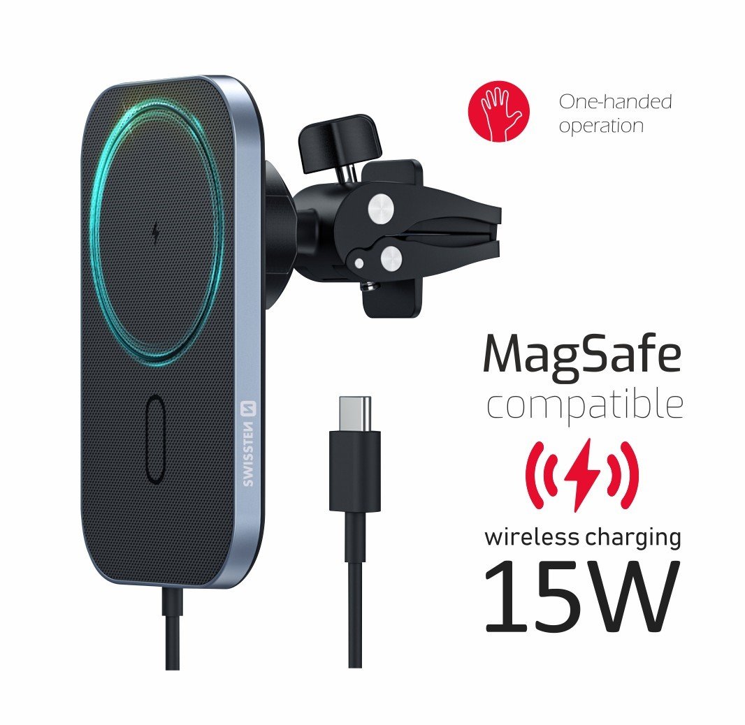 Swissten Mafsafe Air Vent Car Holder With 15W  Wireless Charging Black