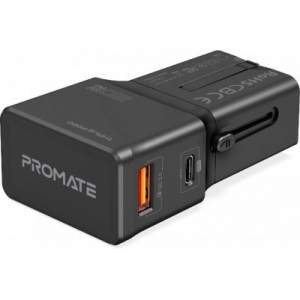 Promate TriPlug-PD20 Premium Universal Charger UK / US / EU / AU / 20W / QC3.0 / Black