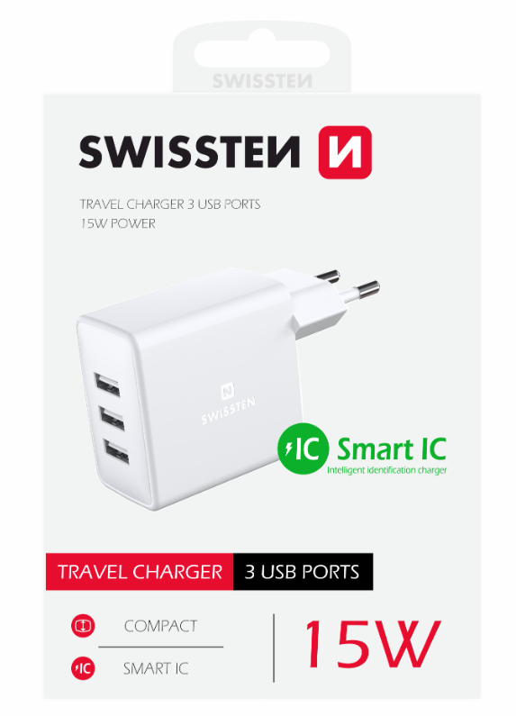 Swissten Smart IC Зарядное устройство 3x USB 3А 15W