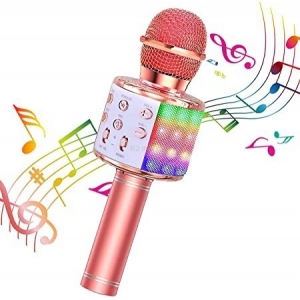 RoGer Bluetooth Microphone Karaoke With Build In Speaker / 2x 5W / Aux / USB / MicroSD / RGB / Rose Gold