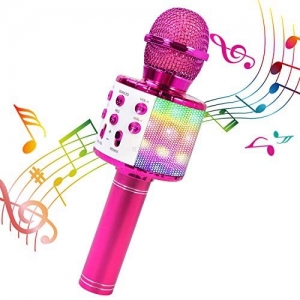 RoGer Bluetooth Microphone Karaoke With Build In Speaker / 2x 5W / Aux / USB / MicroSD / RGB / Pink