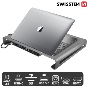 Swissten Multifunctional USB-C Laptop Docking Station / HDMI / USB 3.0 / 2x USB-C / RJ45 / SD / Micro SD / VGA / Audio / Grey