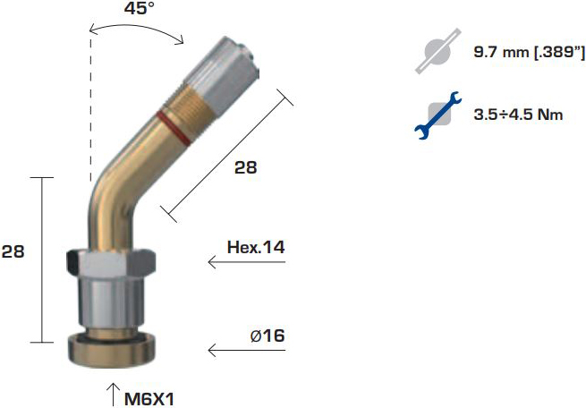 TPMS VENTIIL VEOAUTO TERASVELJELE 1392 V3-22-1 AVA 9.7MM. NURK 45. L=28+28MM
