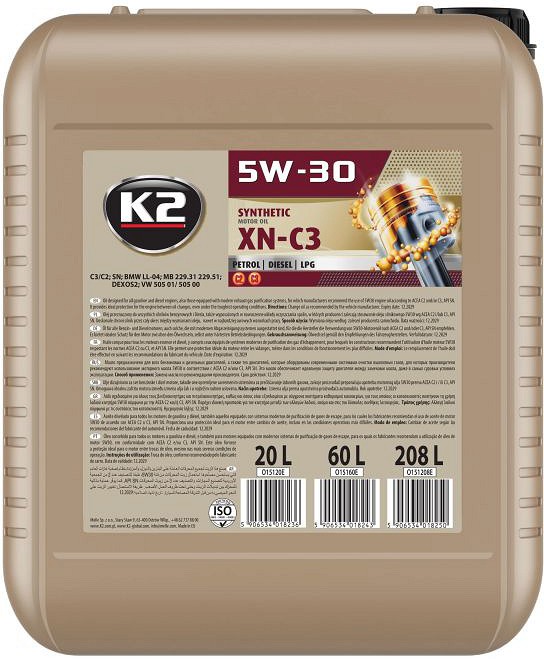 K2 5W30 SYNTHETIC XN C2 / C3. BMW LL-04. MB 229.31. 229.51. DEXOS2. VW 505 01 505 00 20L (TÄISSÜNT.)