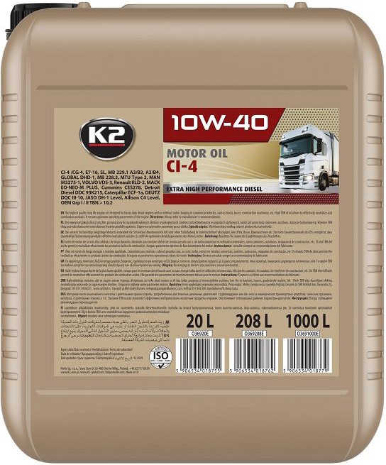 K2 10W40 API CI-4 ACEA E7. VDS-3. RLD-2. MB 228.3. MB 229.1 20L