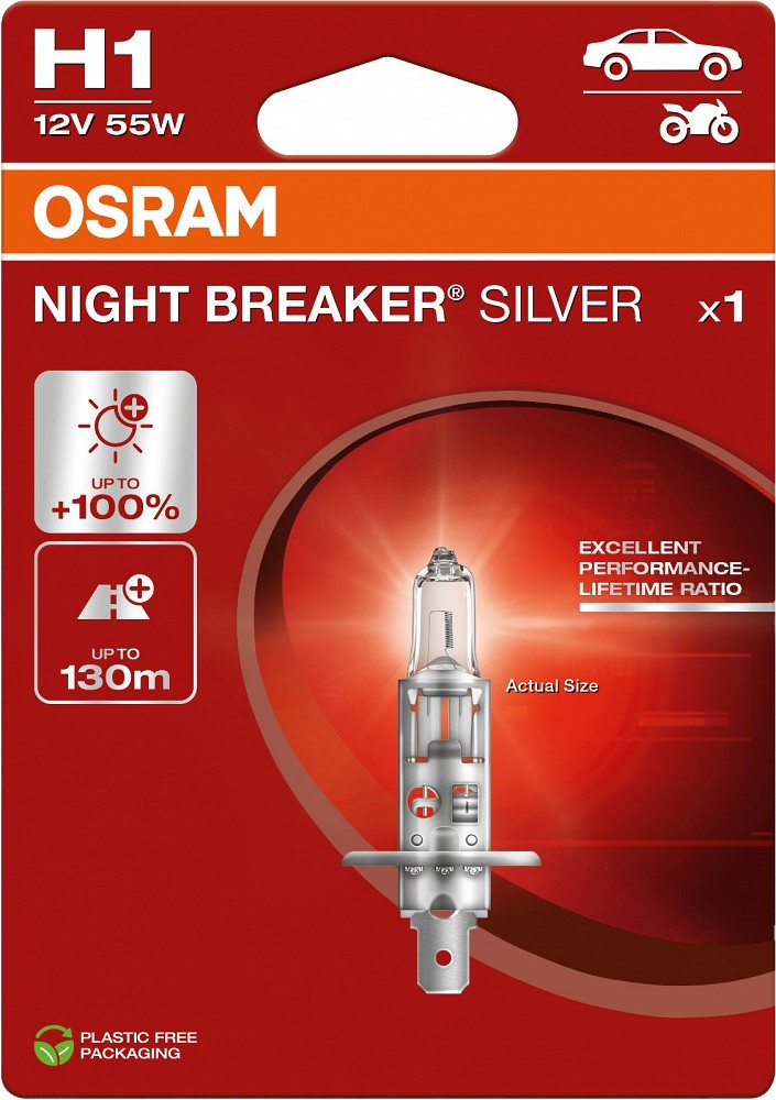 12V H1 PIRN 55W P14.5S NIGHT BREAKER SILVER +100% BLISTER 1TK OSRAM