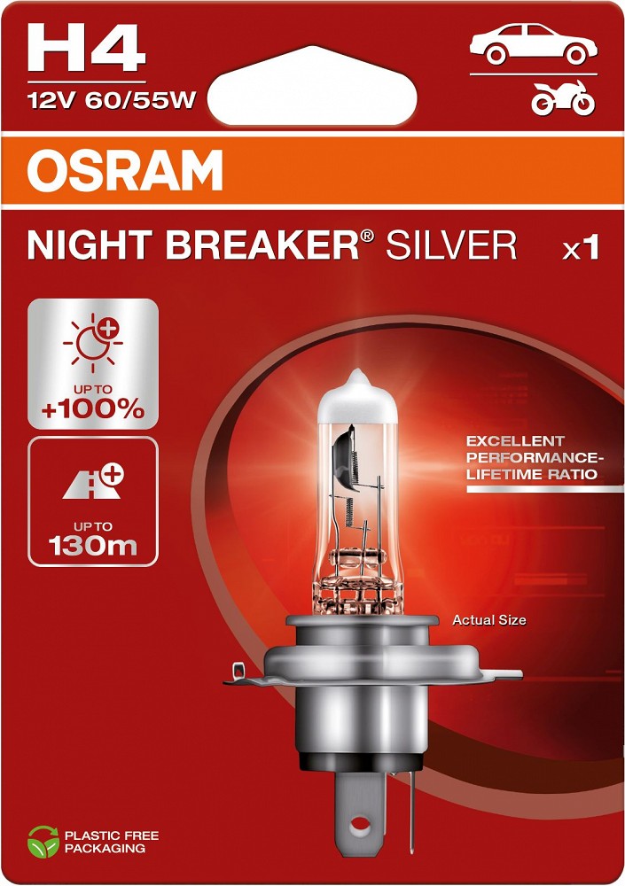 12V H4 PIRN 60 / 55W P43T NIGHT BREAKER SILVER +100% BLISTER 1TK OSRAM