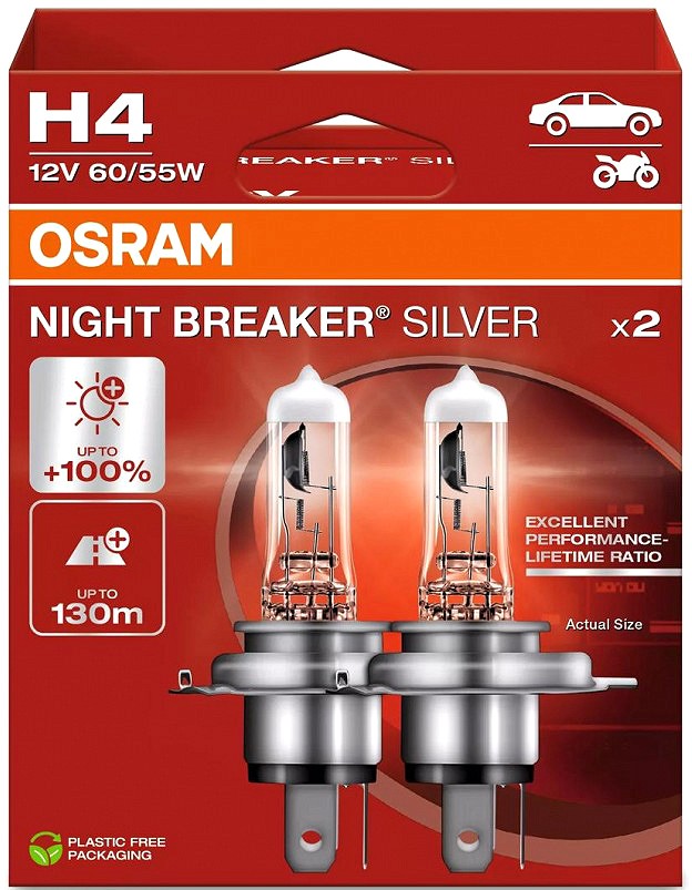 12V H4 PIRN 60 / 55W P43T NIGHT BREAKER SILVER +100% 2TK OSRAM
